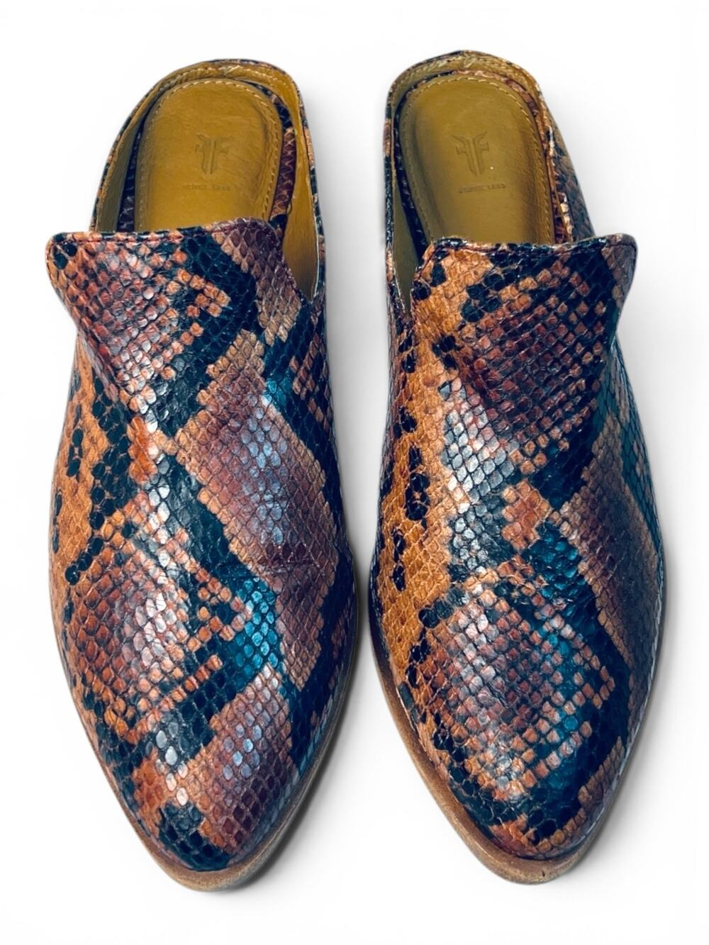 Frye Ray Snake Print Leather Mules Slip On Pointed Toe Brown Black Size 6.5